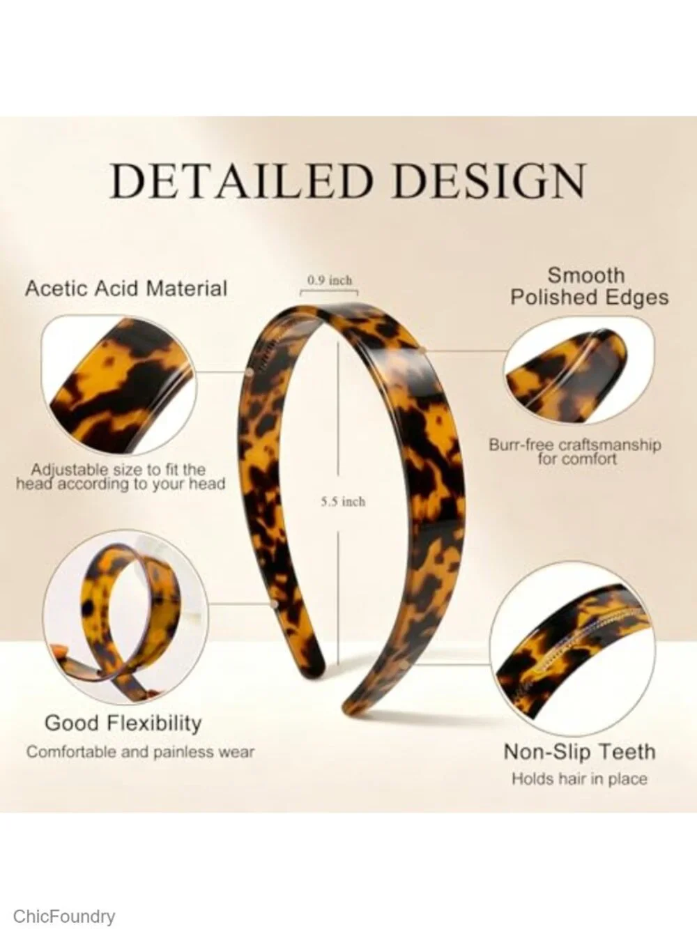 Wide Tortoise Shell Headband with Teeth Premium Acetate No Slip Hair Band